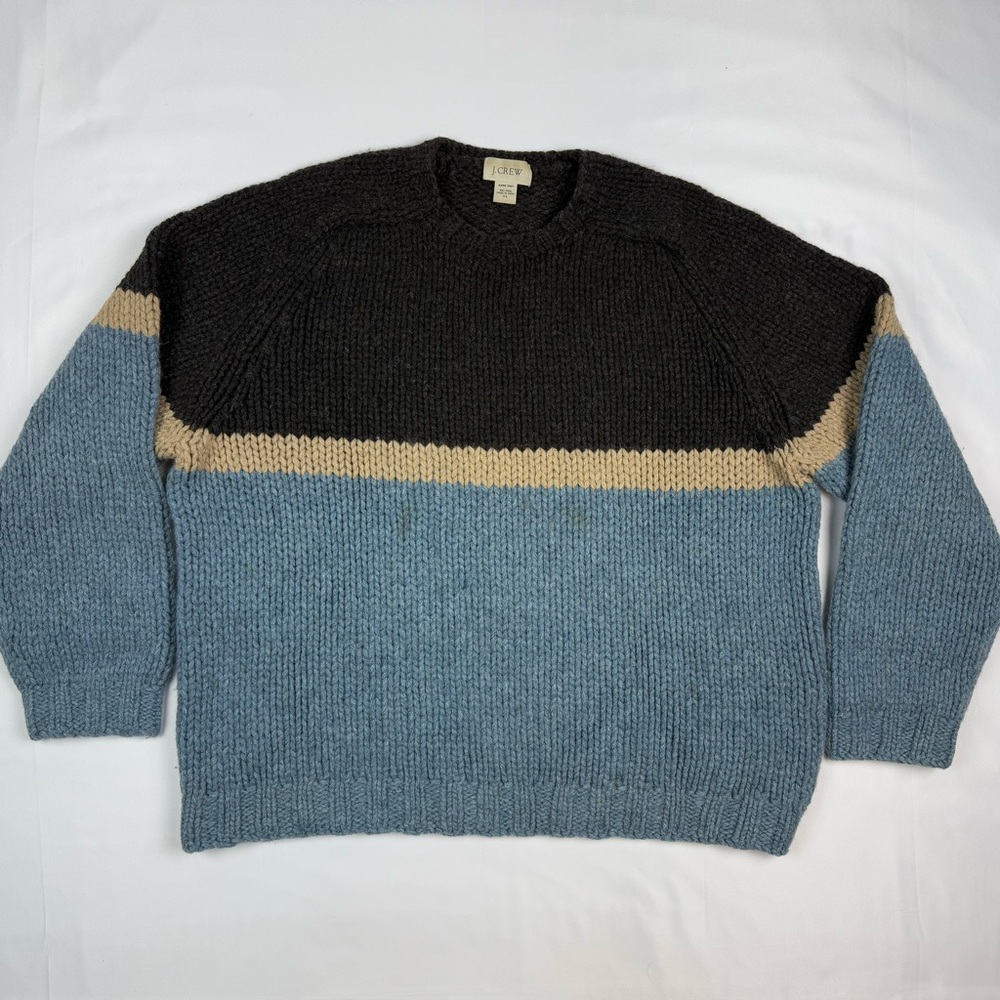 J. Crew Mens Handknit Sweater XL Wool Chunky Color Block Fisherman Jumper